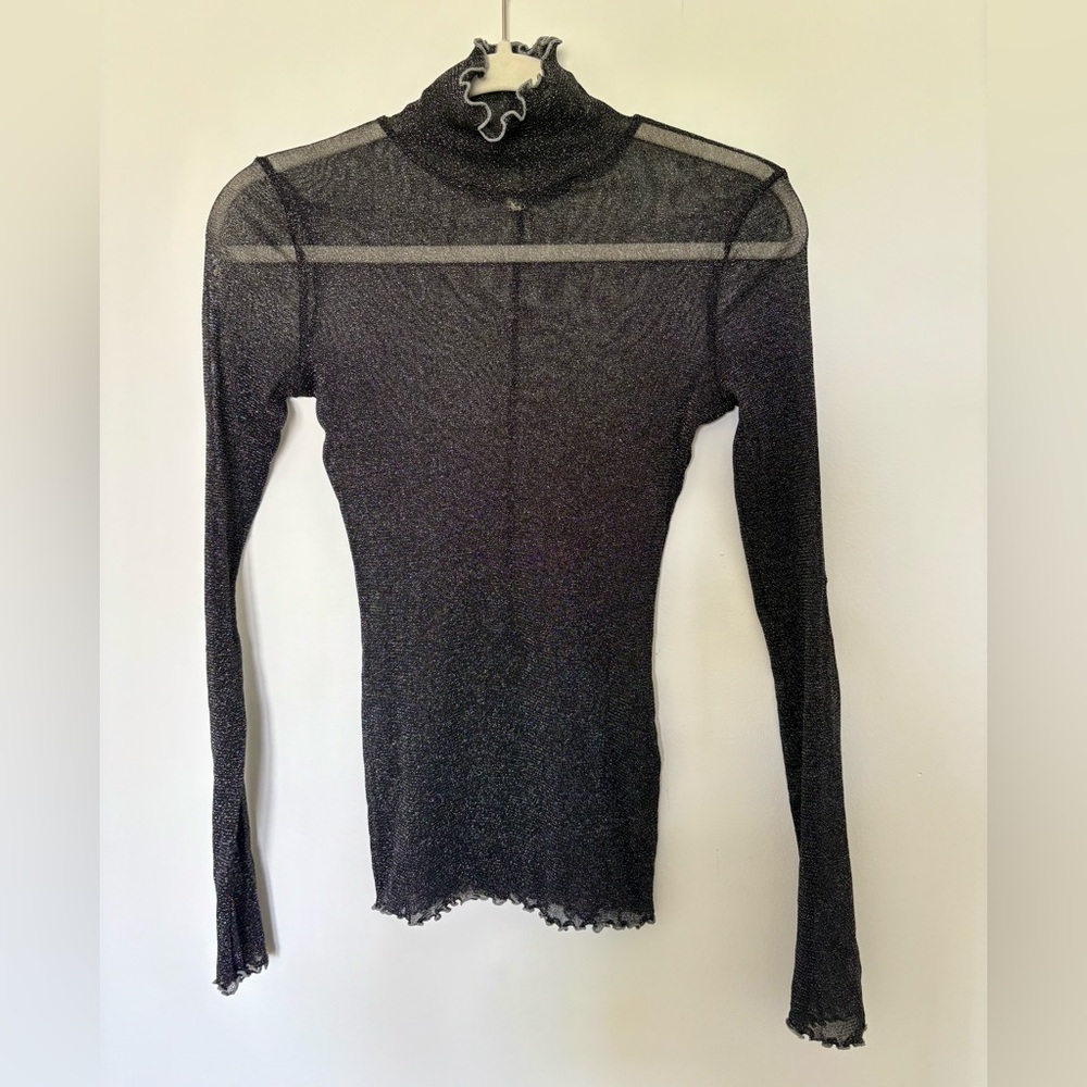 Free People Sparkly Sheer Mock Turtleneck with Ruffle Hem Size Small